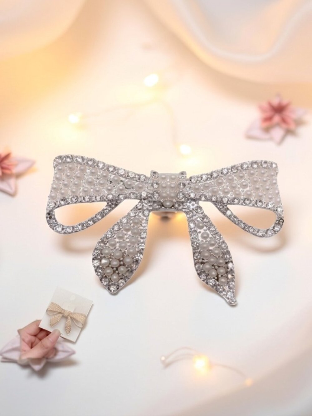Silver Rhinestone Bow Hair Clip Crystal Barrette